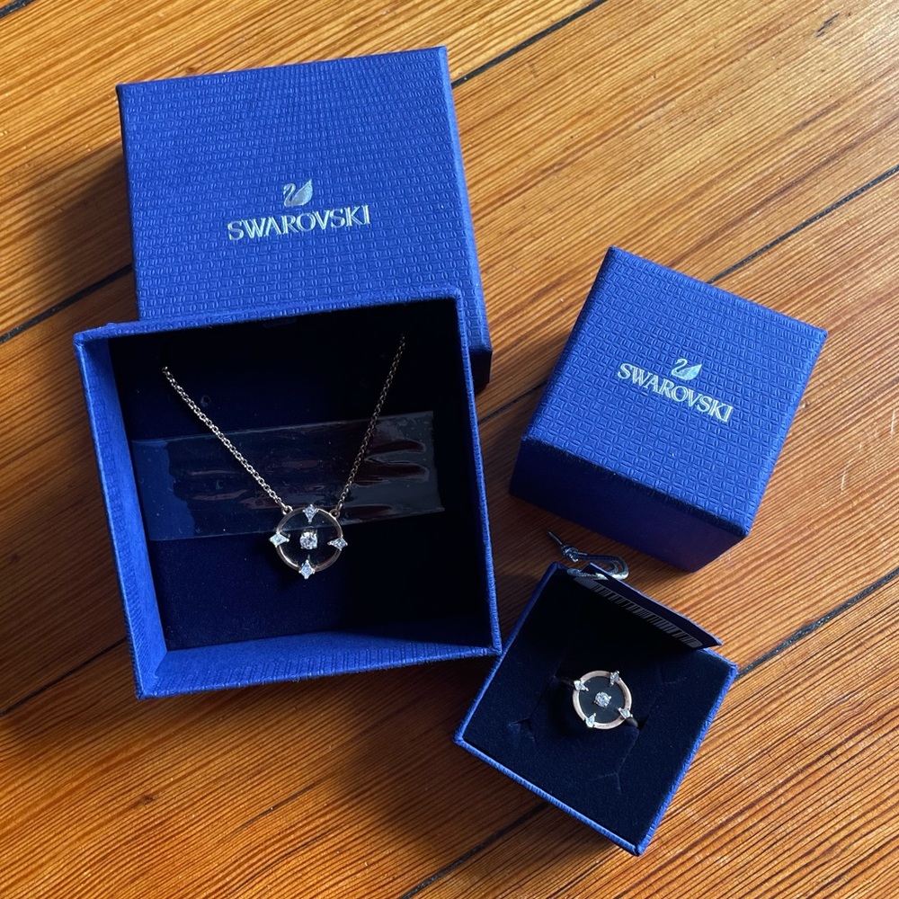 Swarovski Rose gold Crystal Compass Ring & Necklace Rose Gold NIB J Crew Hoops